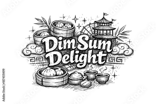 Dim sum delight sketch: traditional chinese cuisine and cultural elements in ink art