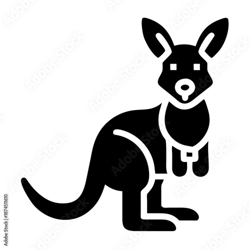 Stylized Black Kangaroo Icon Silhouette on White Background, Minimalist Australian Animal Graphic