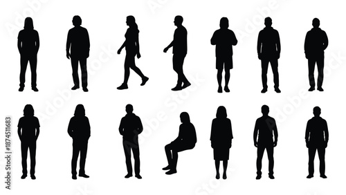 Silhouettes of people in various poses isolated on white background, Vector