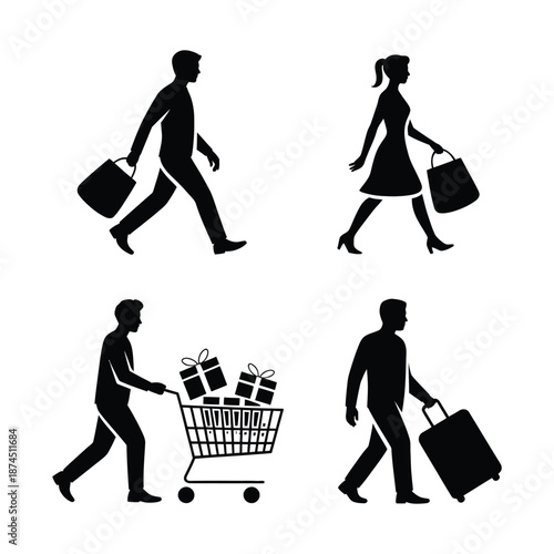 Silhouettes of people carrying shopping bags gifts and luggage representing consumerism and travel