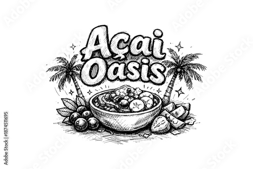 Tropical açaí bowl artwork with palms and berries highlighting nature's bounty