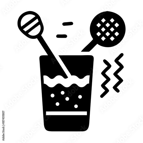Abstract Icon of Cocktail Stirrer and Strainer in Glass with Bubbles and Waves