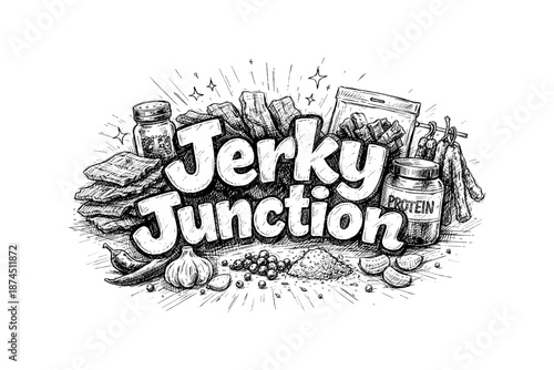 Artistic jerky collection with bold typography and snack elements