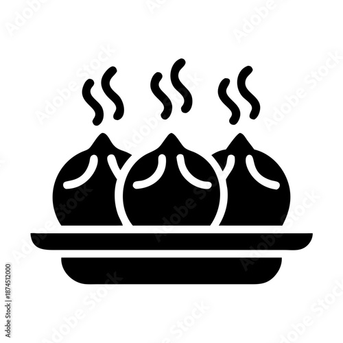 Steaming Dumplings Icon: Hot Asian Food Vector Graphic on Plate, Culinary Illustration