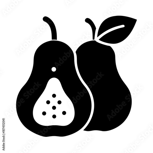 Stylized Silhouette of Two Pears, One Halved Showing Seeds, Clean Vector Icon