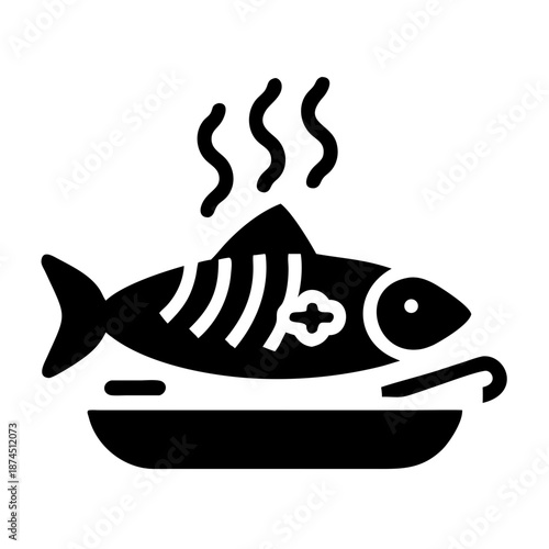 Hot Smoked Fish Icon Silhouette on Plate, Steaming Food Vector Art, Culinary Graphic Element