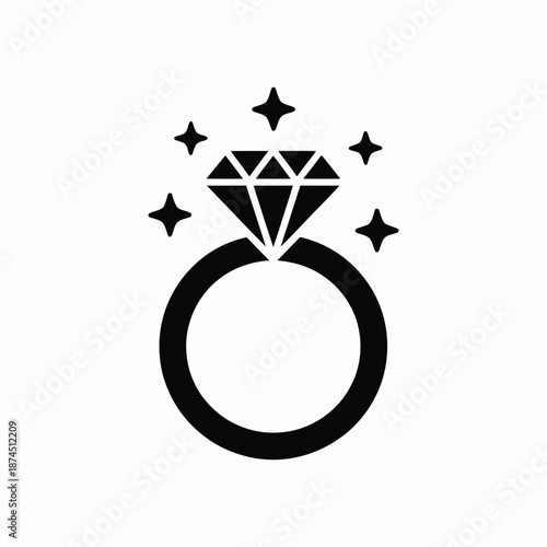 A minimalist black and white illustration depicting a sparkling diamond ring with surrounding starbursts