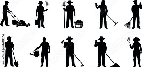 Set of Farmer and Gardener Silhouettes with Tools Like Lawnmower Pitchfork Shovel and Rake for Landscaping Agriculture and Gardening Design