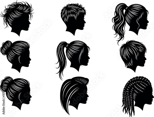 Set of Female Profile Silhouettes with Diverse Hairstyles Including Pixie Cut Ponytail Bun Braids and Messy Updo for Beauty Design