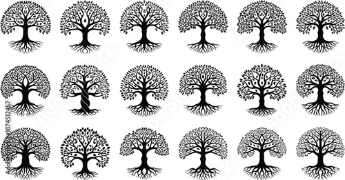 Tree of life vector illustration set, detailed rooted tree silhouettes, symbolic botanical designs for logos, tattoos, spirituality, genealogy, nature branding, and decorative artwork