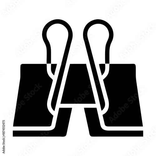 Black Binder Clip Icon Silhouette on White Background, Office Supplies for Paper Organization and Document Management