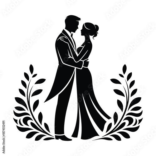 A romantic silhouette of a couple embracing framed by decorative laurel leaves suggests love and celebration