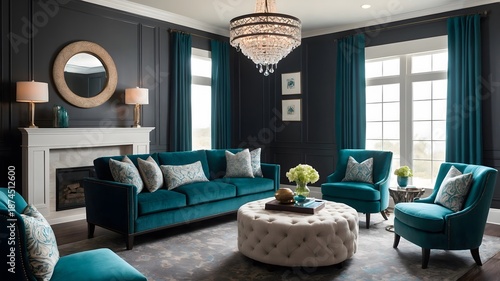 A modern luxury living room with stylish furniture, a cozy sofa, large windows, soft lighting, and a fireplace creating a comfortable home interior
