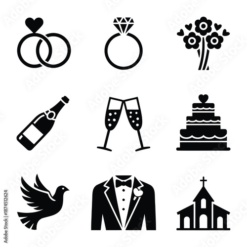 Icon set depicting wedding elements like rings cake champagne and a church for celebrations