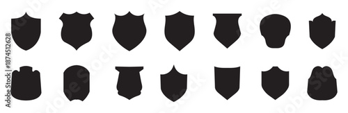 black shield shapes with white outlines arranged in rows, showcasing various heraldic and security badge designs.