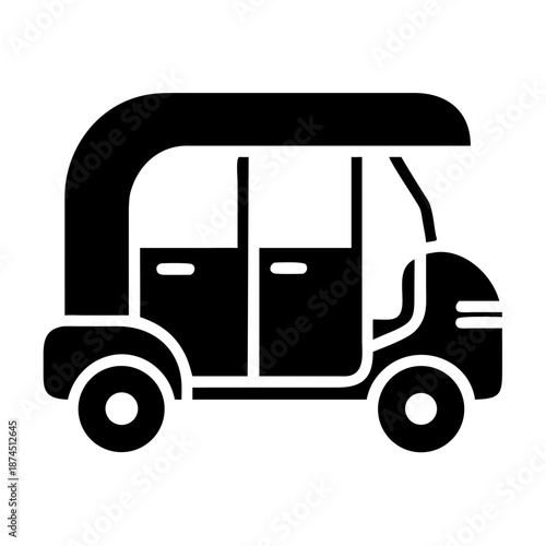 Black Tuk Tuk Icon Vector Illustration - Traditional Asian Three-Wheeled Auto Rickshaw for Transportation