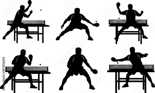 Set of Professional Table Tennis Player Silhouettes Action Poses Ping Pong Athletes Competing at Tournament Table Isolated on White Background