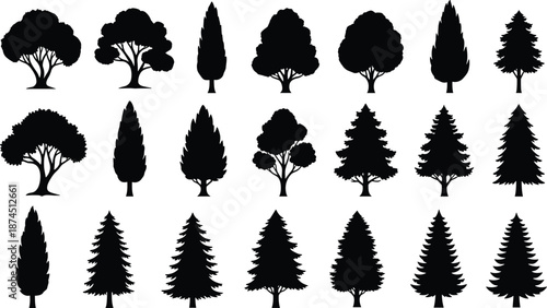 Tree silhouette vector set, black forest trees collection with deciduous and conifer shapes, natural woodland icons for landscape design, logos, infographics, and outdoor branding