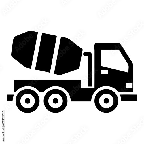 Black concrete mixer truck icon, symbol of construction and heavy industry, vector graphic