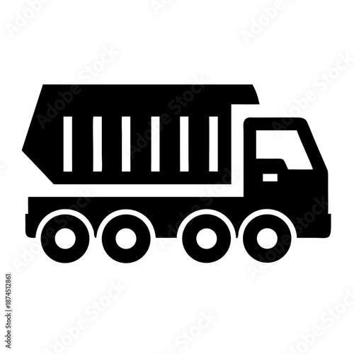Black dump truck icon, silhouette of a large truck with three axles and a dump body, industrial vehicle