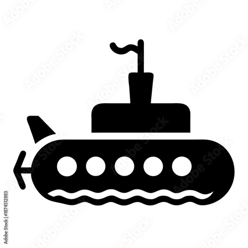 Black Silhouette Submarine Undersea Exploration Vector Icon, Nautical Voyage and Ocean Discovery Symbol