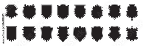 Collection of shield vector icons, black outline shapes against white. Emblem protection security design