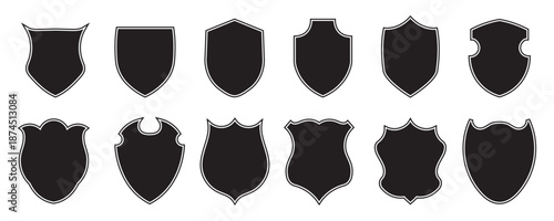 Shield badge icons set black silhouette emblems heraldic security labels vector collection isolated design