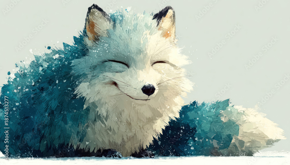 Fototapeta premium An artistic illustration of a smiling fox in a winter setting, executed in a picturesque watercolor and oil painting technique. 