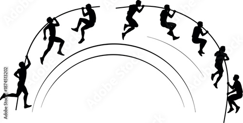 Silhouette sequence of a male pole vaulter athlete showing different stages of jump motion isolated on white background vector illustration