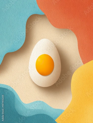 Bright yellow egg placed on a textured background with colorful shapes around it in a creative design