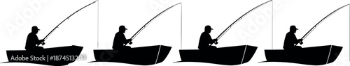 Silhouette sequence of a fisherman in a small boat with a fishing rod bent over water for sport fishing concept