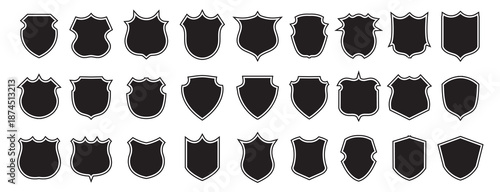 Shield badge icons set black silhouette emblems heraldic security labels vector collection isolated design