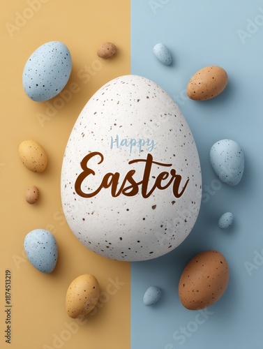 Easter eggs in different sizes and colors arranged around a large egg with the text Happy Easter on a split background