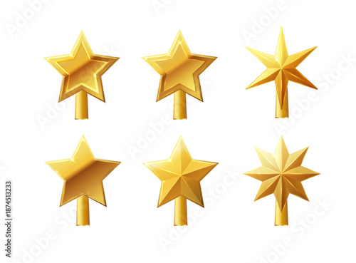 Christmas gold tree topper vector. 3d realistic golden star decoration in , decorative traditional shiny design for top of Xmas pine tree. Vector