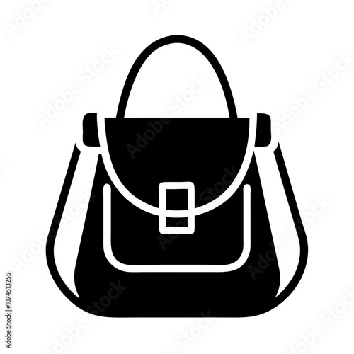 Black crossbody bag with white outline and buckle, handbag icon