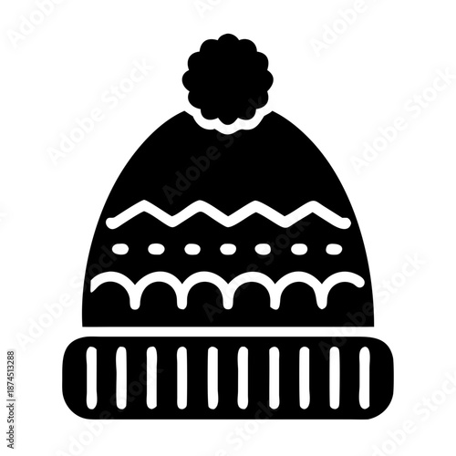 Black Winter Bobble Hat Icon with White Zigzag and Dot Pattern, Knit Cuff Style