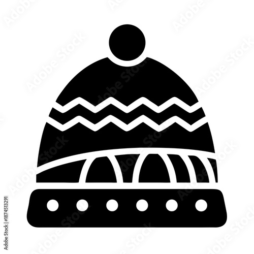 Winter Beanie Hat Icon: Bobble, Zigzag Pattern, Folded Brim, Dot Border, Black Silhouette on White