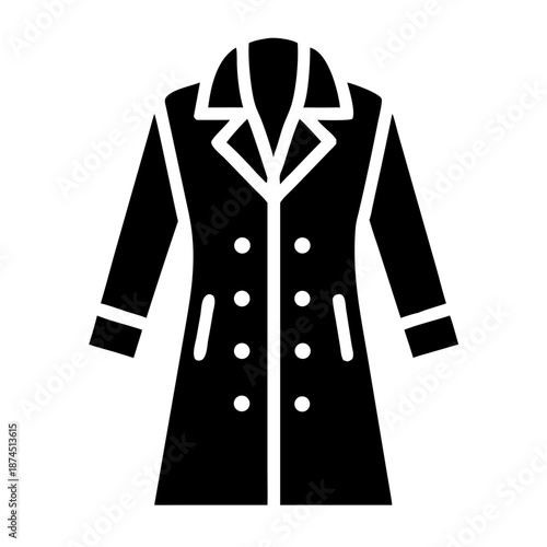 Classic Black Trench Coat Icon, Double-Breasted Style, Fashion Symbol, Isolated Vector Graphic