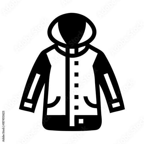 Black and white icon of a hooded parka jacket with pockets and buttons, isolated on white