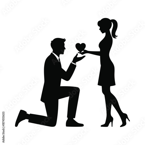 A romantic silhouette depicts a man proposing to a woman offering a heart shaped gift