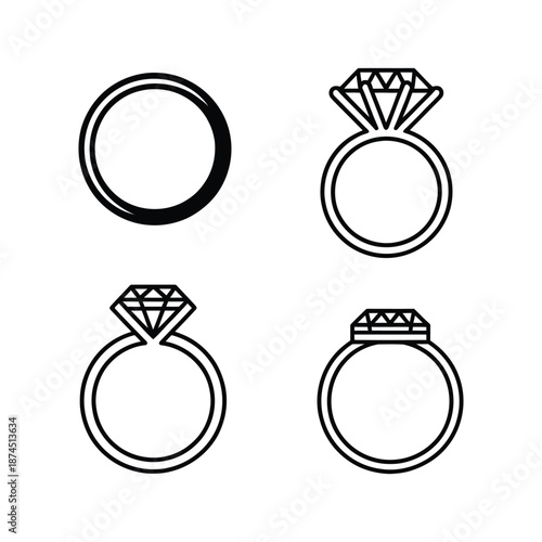 A collection of black and white ring illustrations depicting various styles and designs for jewelry