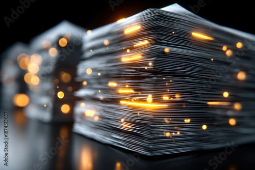 An abstract technological composition depicting stacks of layered surfaces with a glowing effect and dynamic light accents.  