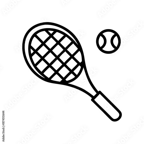 Modern linear tennis racket and ball illustration, essential for sports and fitness applications.