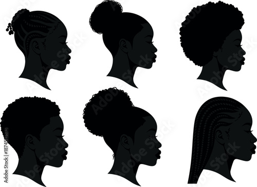 Vector silhouette set of Black woman profile portraits featuring diverse natural hairstyles including braids, afro, cornrows, and curly hair buns.