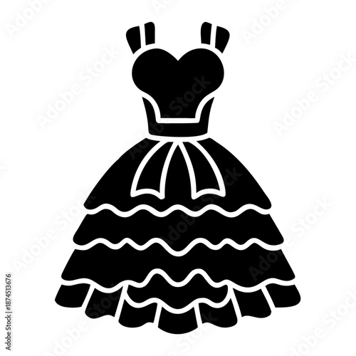 Elegant Black Tulle Dress Icon Vector Illustration, Ball Gown Silhouette with Bow Detail and Ruffled Skirt