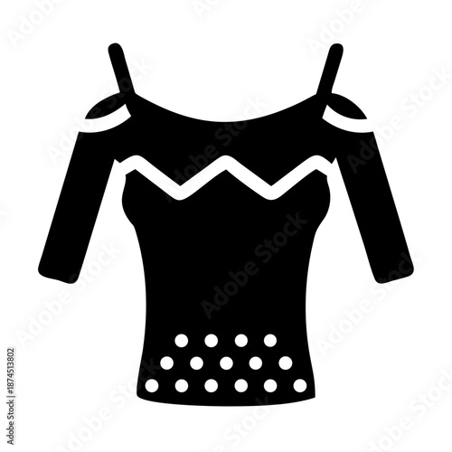 Black Off-Shoulder Long Sleeve Top with Zigzag and Polka Dot Detail, Fashion Icon