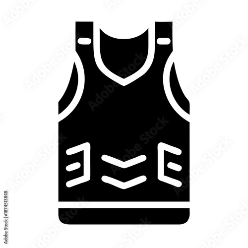 Black bulletproof vest icon silhouette, tactical body armor, security uniform, protective gear isolated on white