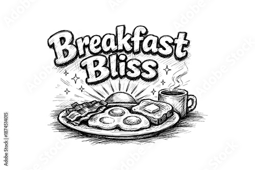 Hand-drawn breakfast delight: eggs, bacon, and toast with coffee