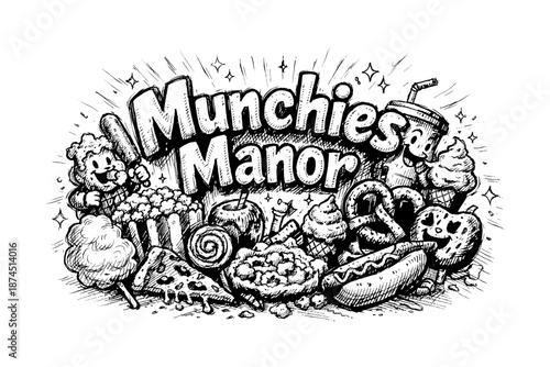 Munchies manor: hand-drawn snack extravaganza with fun cartoon style
