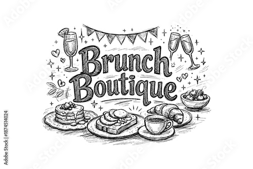 Charming vintage brunch design with hand drawn breakfast elements and decorative text